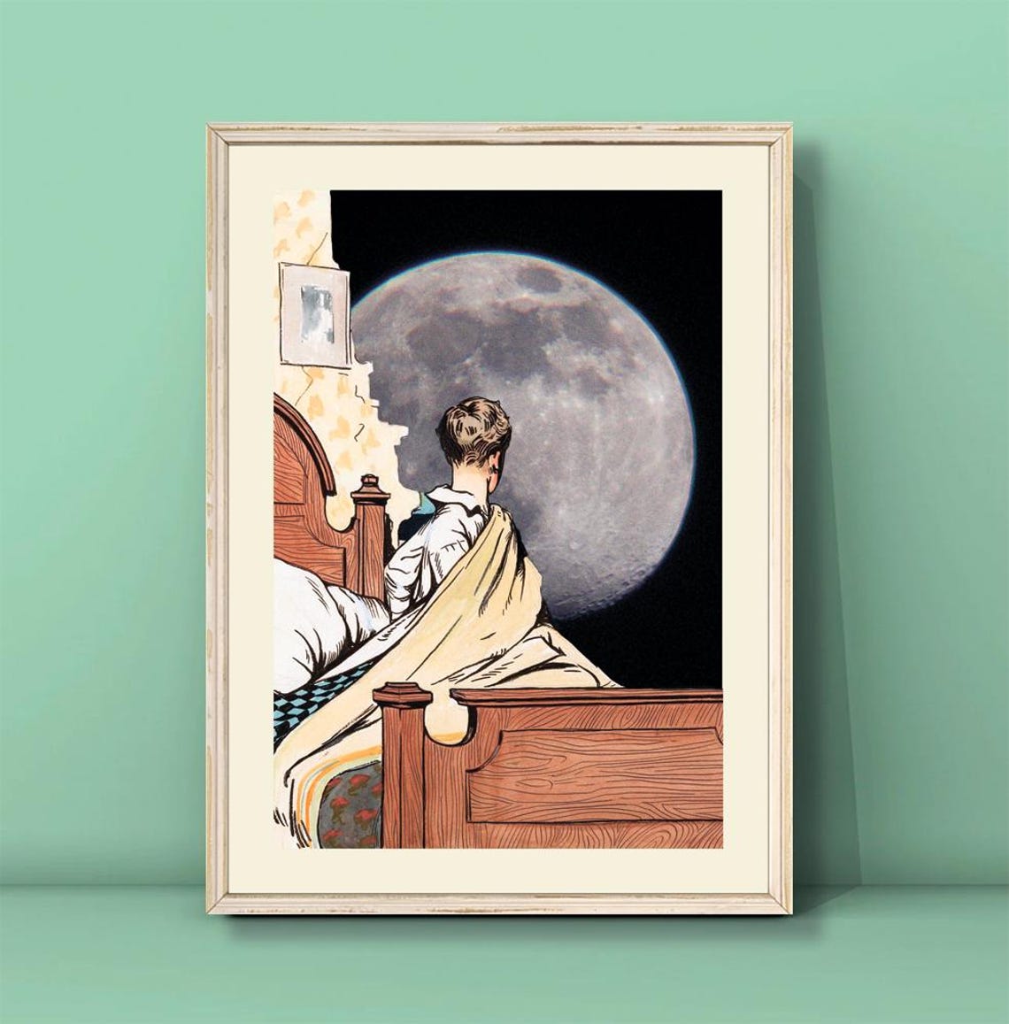 Edward Hopper Boy and Moon Giant Full Moon Surreal Collage Poster