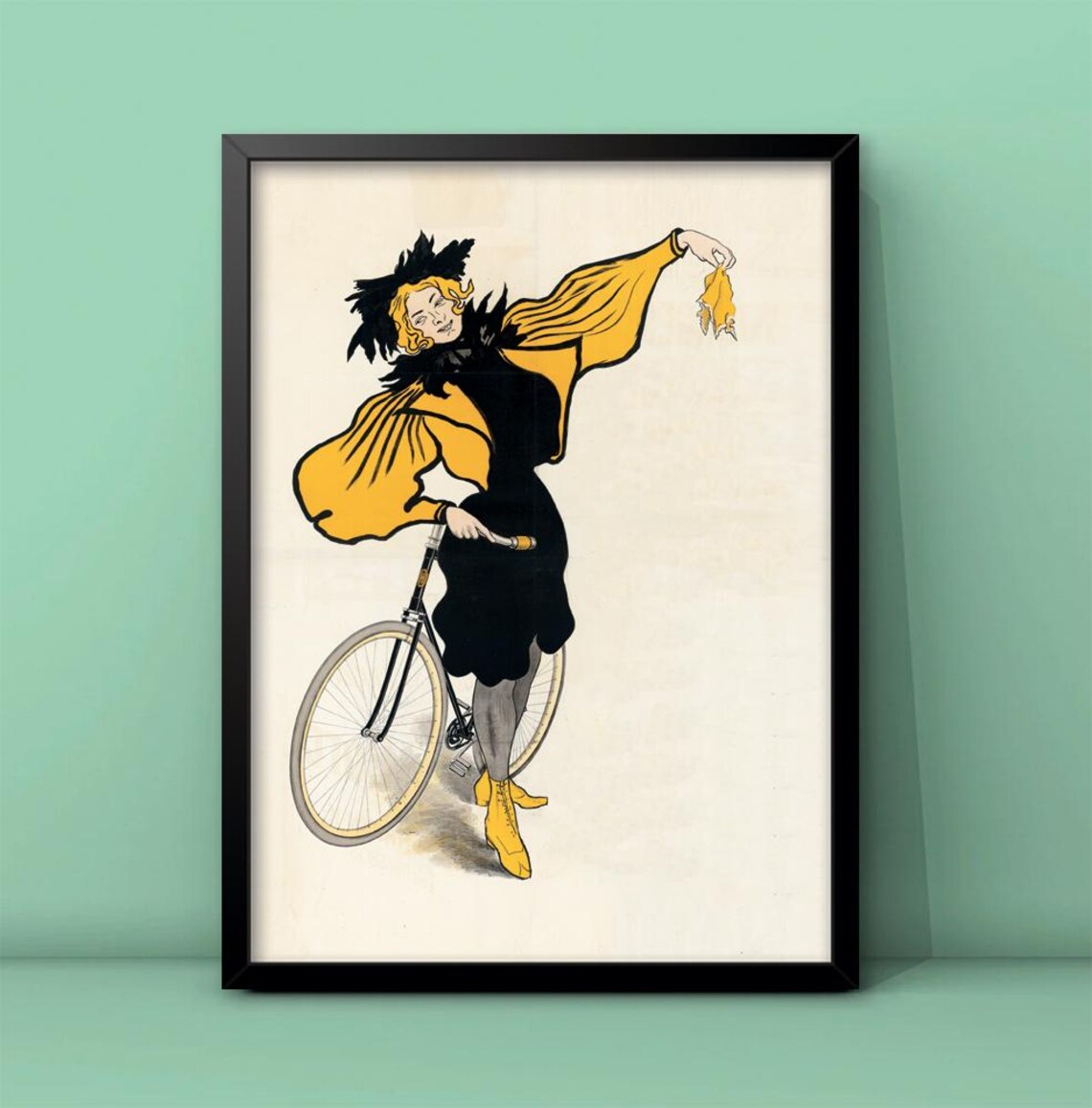 Vintage Woman Cyclist Black Yellow Dress Bicycle Retro Art Poster