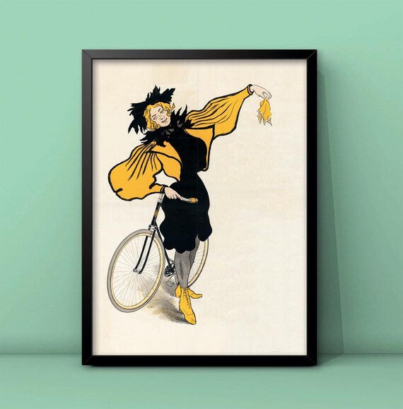 Vintage Woman Cyclist Black Yellow Dress Bicycle Retro Art Poster