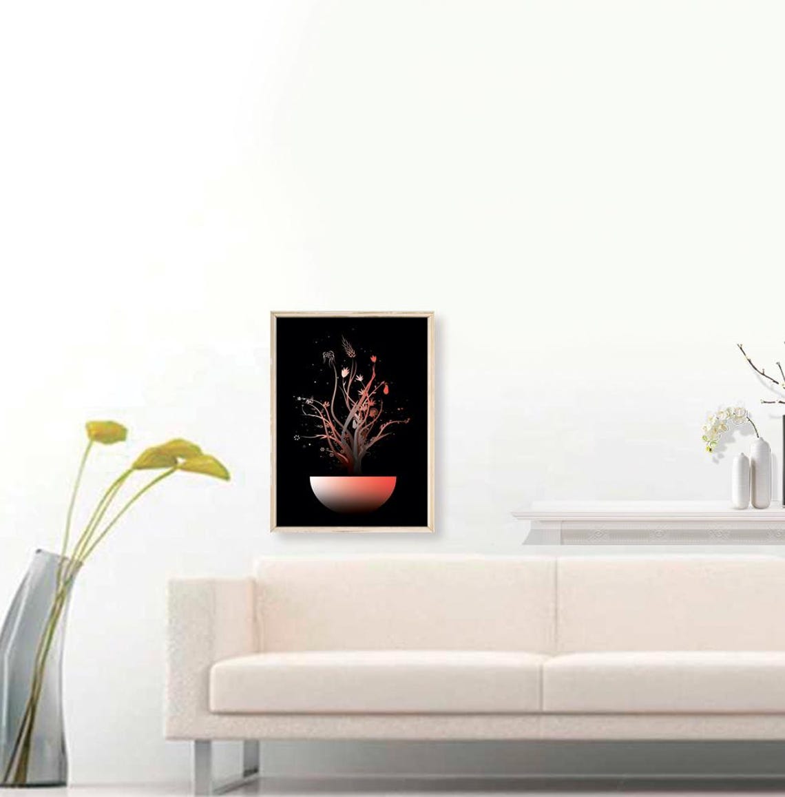 Boho Floral Branches Red Planter Black Background Modern Art Poster - Image 3