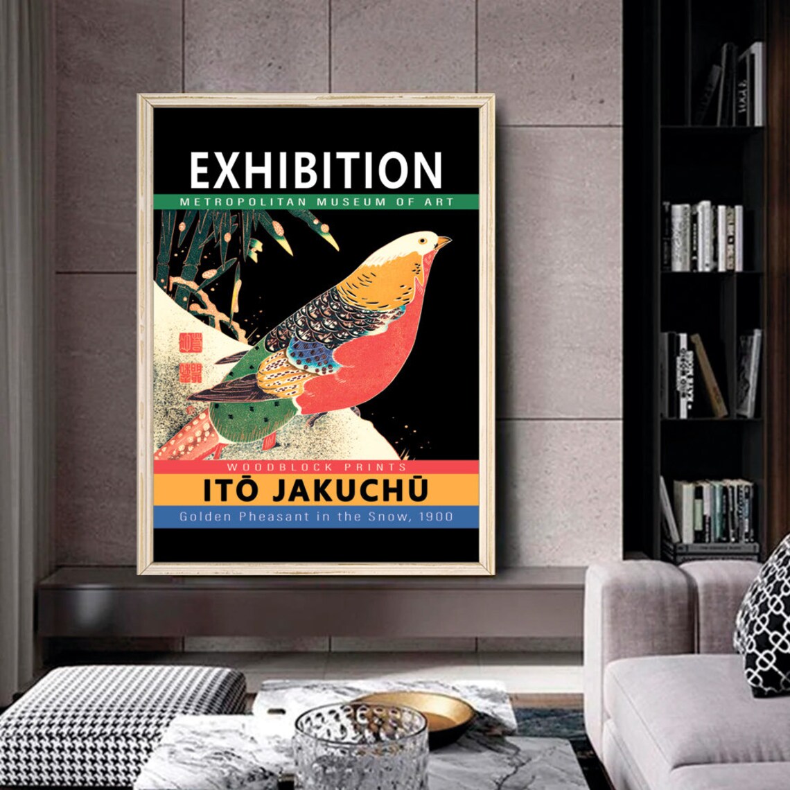 Ito Jakuchu Golden Pheasant Snow Woodblock Exhibition Poster - Image 2