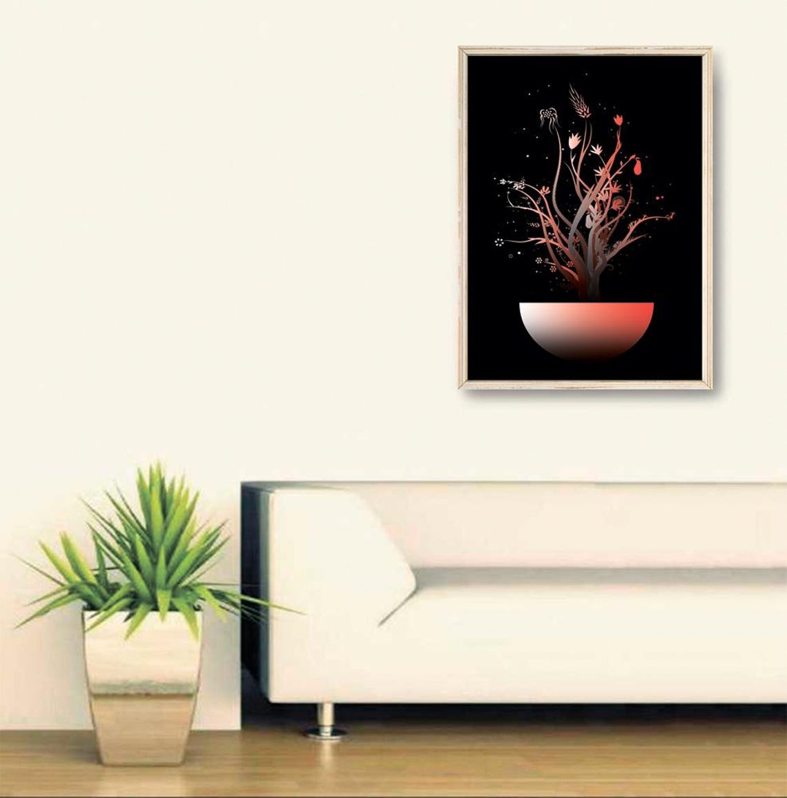 Boho Floral Branches Red Planter Black Background Modern Art Poster - Image 2