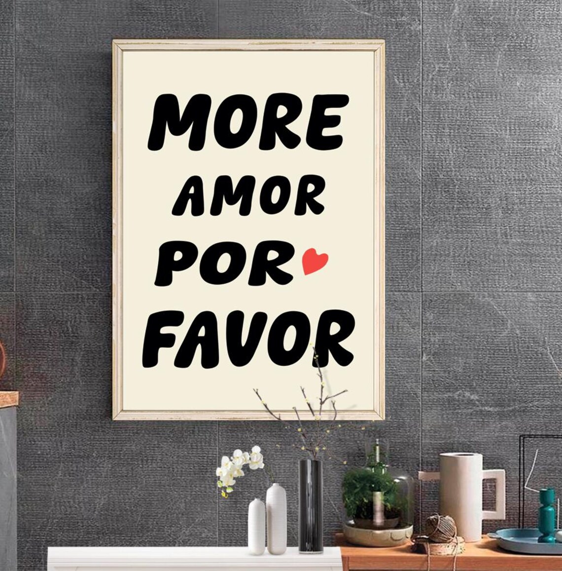 More Amor Por Favor Black Cream Poster Retro Bubble Letter Heart Typography Art - Image 2