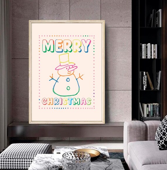 Hand Drawn Rainbow Merry Christmas Snowman Festive Holiday Art Poster