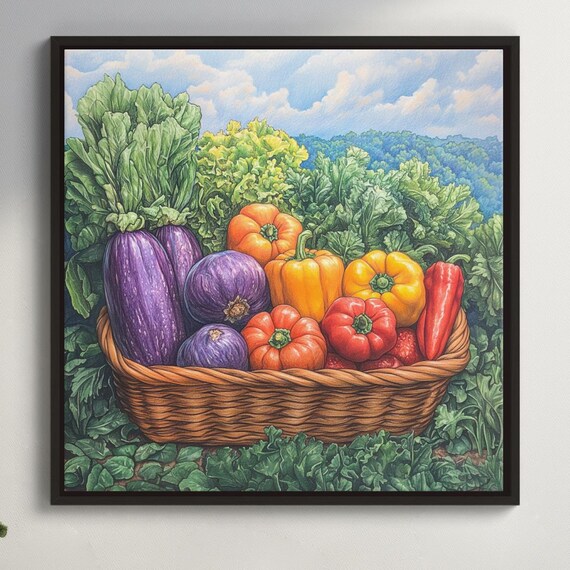 Farmhouse Kitchen Vegetable Basket Colored Pencil Drawing Art Poster