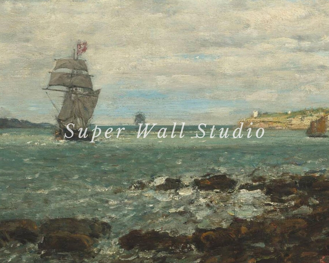 Vintage Cloudy Coastal Seascape, Rustic Painting - Image 2