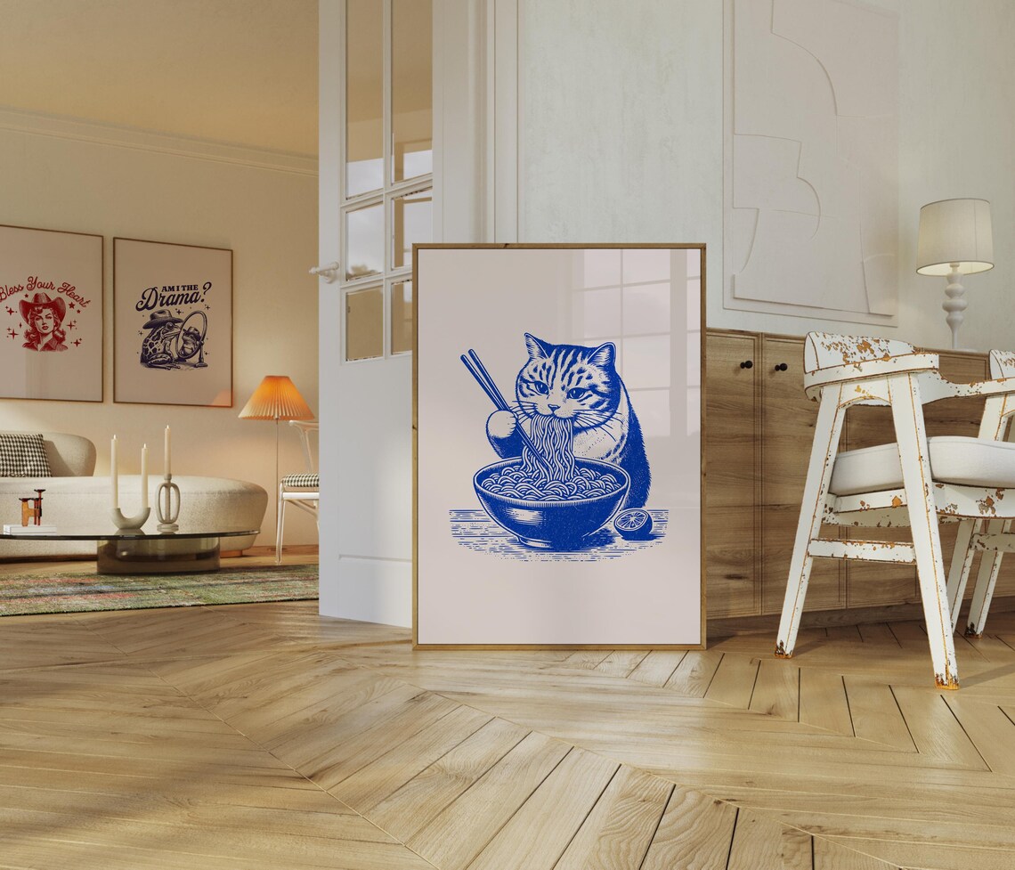 Cat Eating Ramen, Retro Kitchen Art Print - Image 2