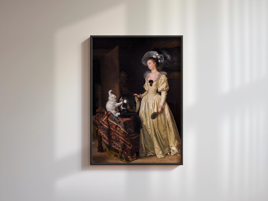 Antique Rococo Interior Woman With Cat Classic Oil Painting Poster - Image 3