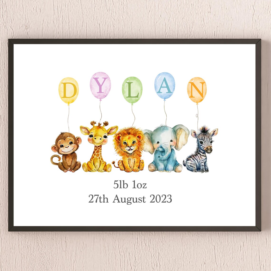 Personalised Baby Safari Animal Balloon Nursery Art Print