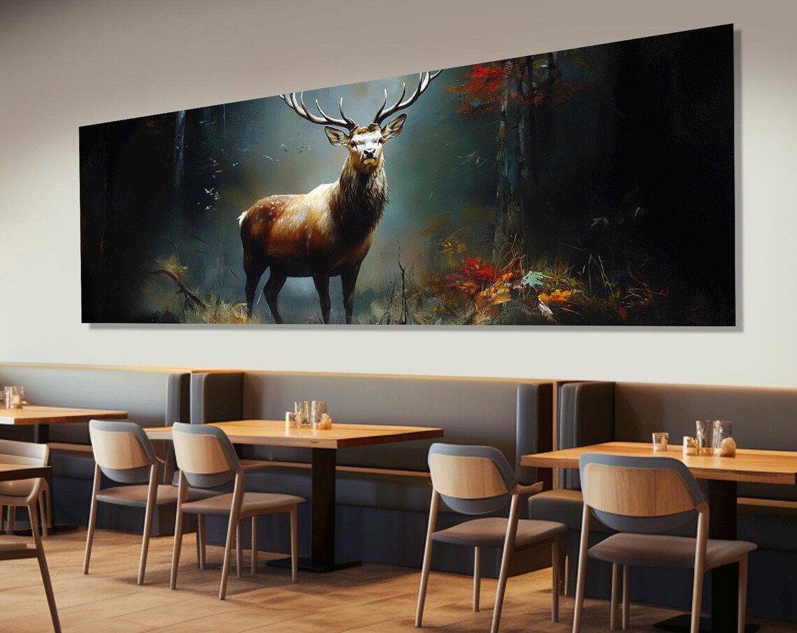 Majestic Stag Autumn Forest Painted Wildlife Panoramic Wall Poster