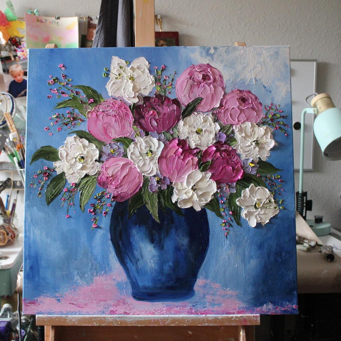 Pink and White Peonies in Cobalt Blue Vase Impasto Art Poster - Image 4