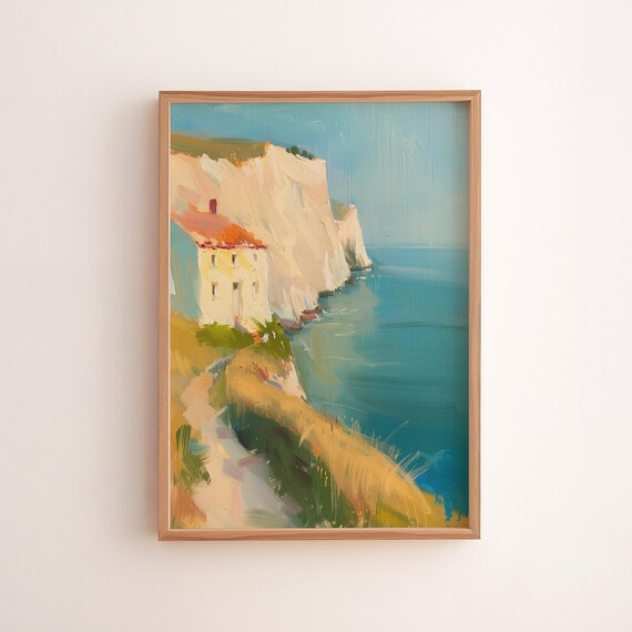 White Cliffs Coastal Cottage Above Turquoise Sea Impressionist Wall Art