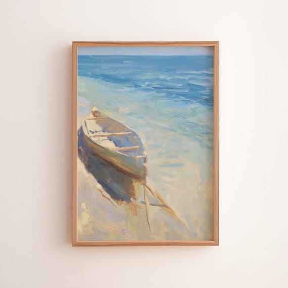 Coastal Canoe Painting Tranquil Beach Scene Summer Seaside Art 180
