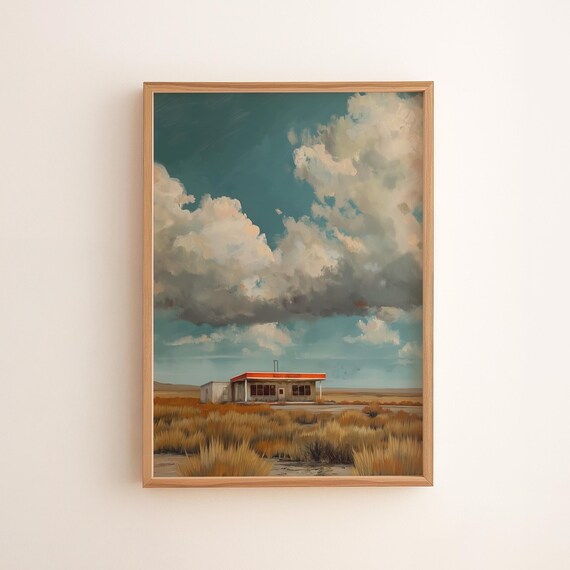 Vintage Desert Gas Station Print Moody Sky Western Landscape 105