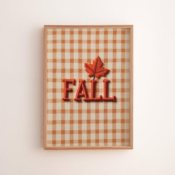 Gingham Fall Leaf Print Rustic Checkered Autumn Wall Art