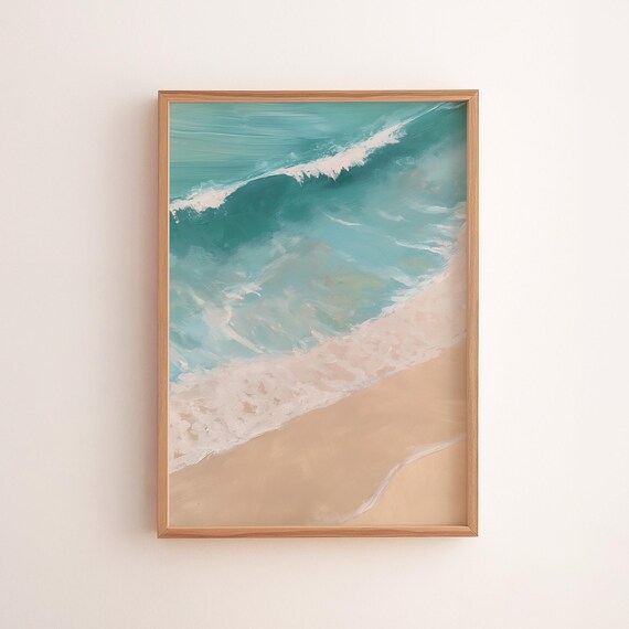 Aerial Ocean Wave Washing Sandy Beach Teal Water Minimalist Art Poster