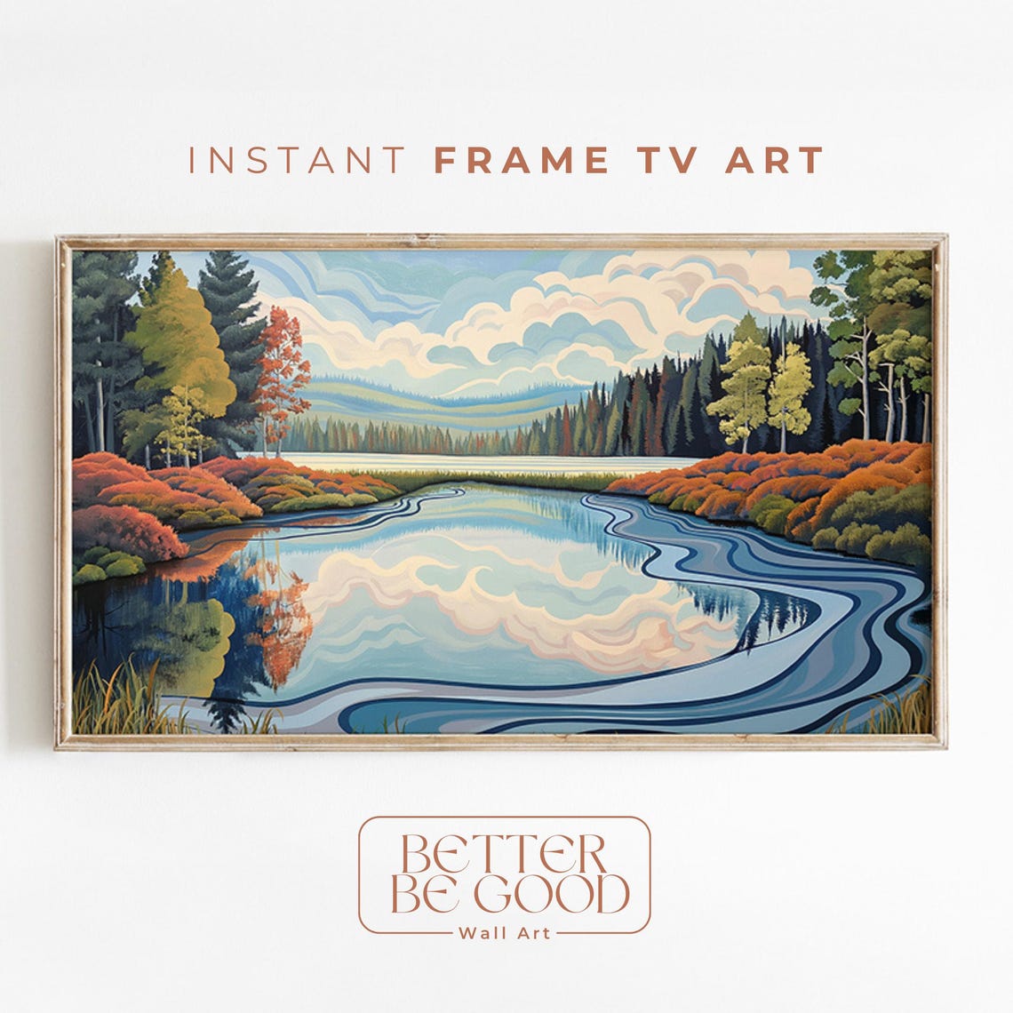 Autumn Lake River Swirling Watercolor Forest Landscape Poster