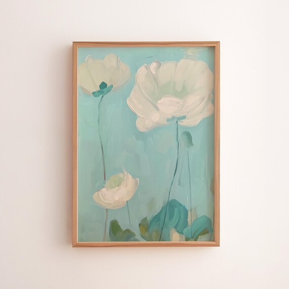 Soft White Flowers Teal Background Impressionist Floral Painting Poster