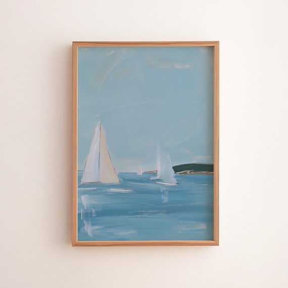 Minimalist White Sailboats Gliding on Blue Sea Painting Poster
