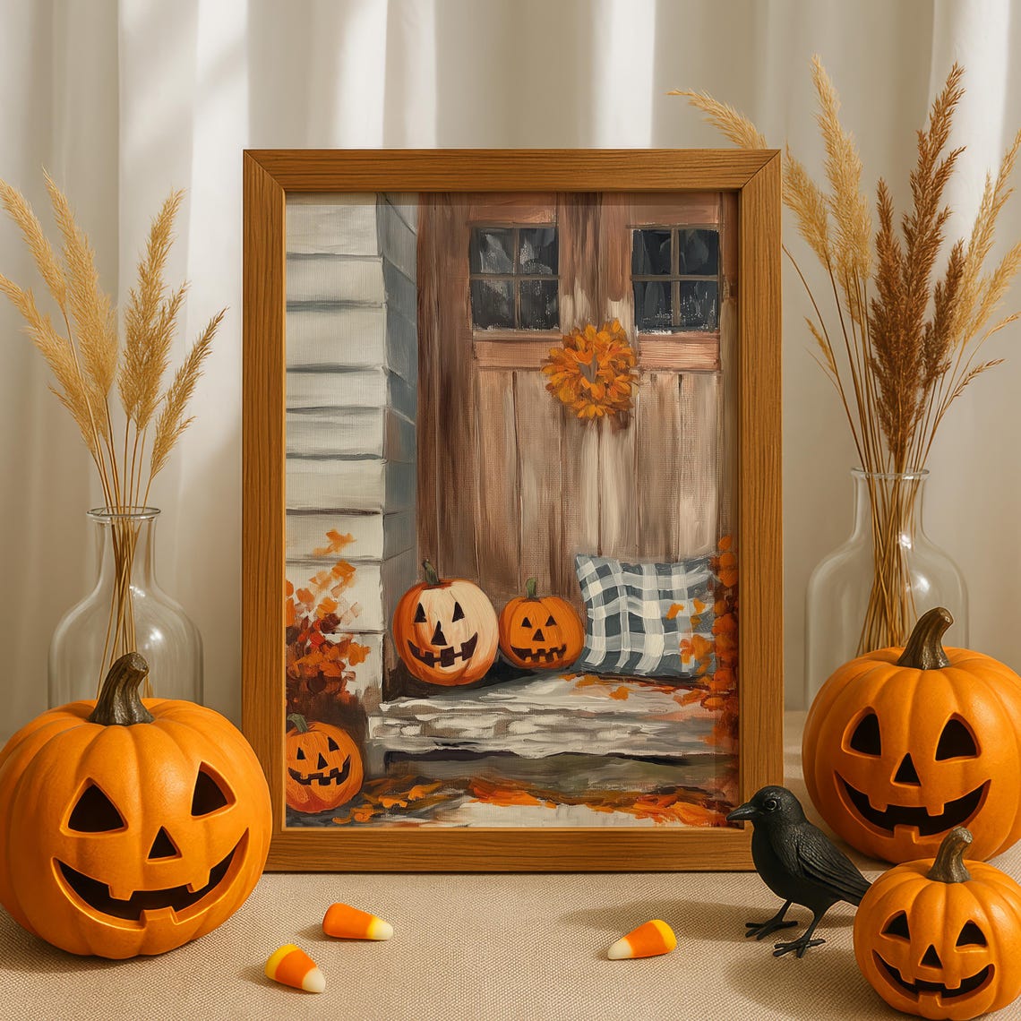 Pumpkin Porch Print Cozy Halloween Jackolantern Painting
