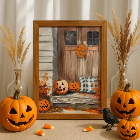 Pumpkin Porch Print Cozy Halloween Jackolantern Painting