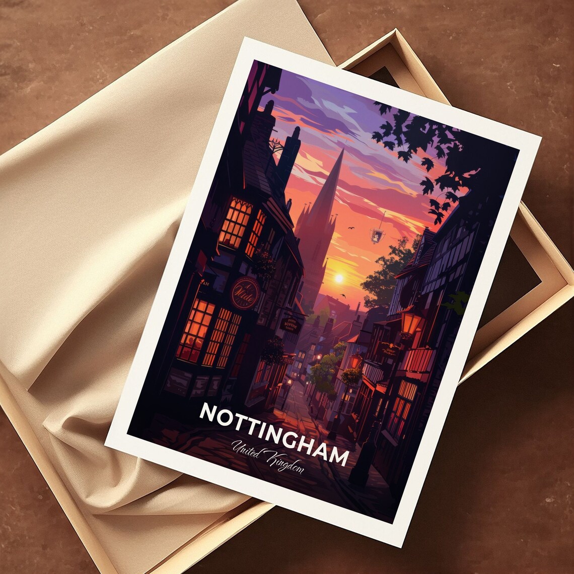 Nottingham Historic Old Street Sunset Spire Taverns Travel Poster - Image 3