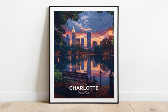 Charlotte USA Skyline Sunset Lakeside Park Bench Travel Poster