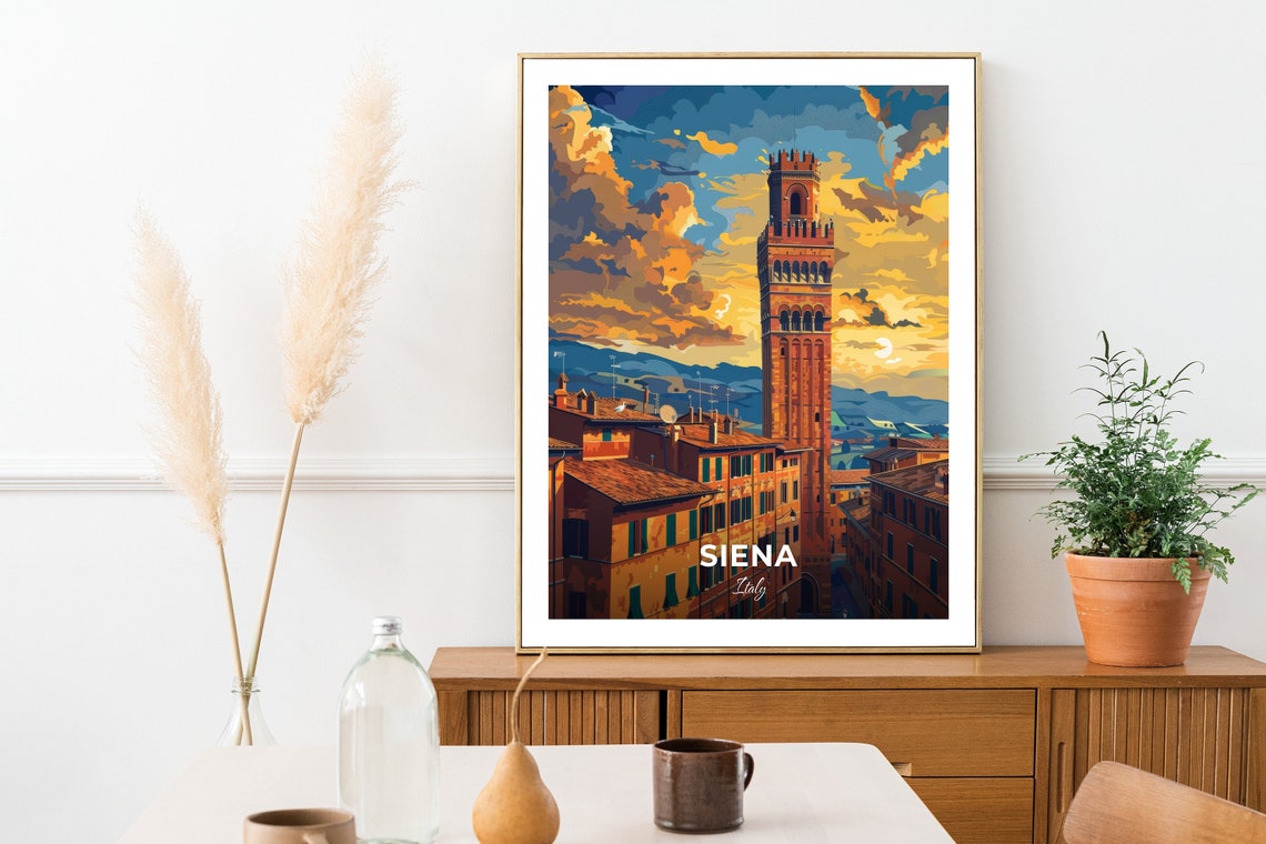 Siena Italy Medieval Brick Tower Sunset Rooftop Travel Poster - Image 2