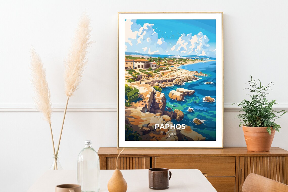 Paphos Cyprus Archaeological Coast Ruins Rocky Shore Travel Poster - Image 2