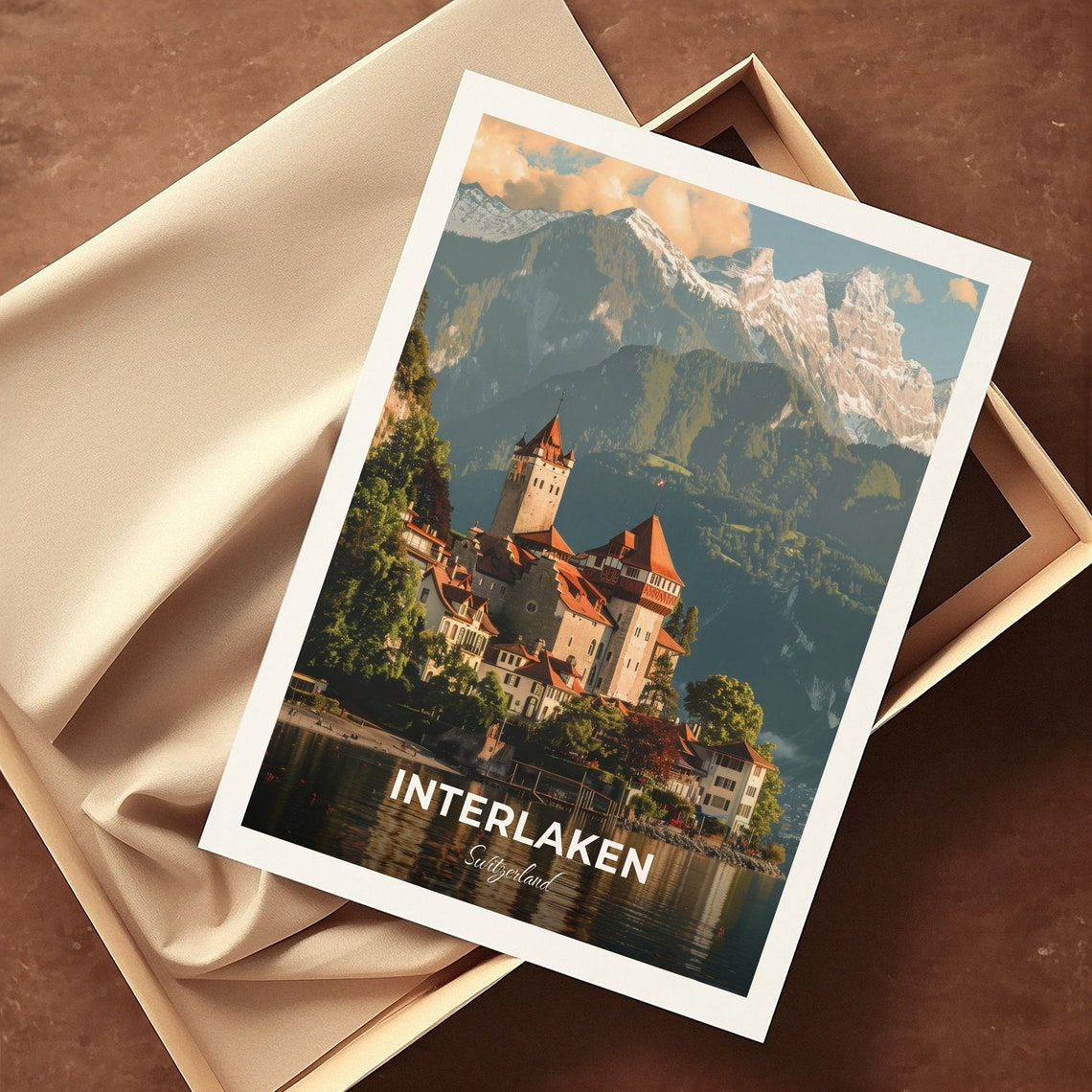Interlaken Switzerland Lakeside Castle Alpine Peaks Travel Poster - Image 3