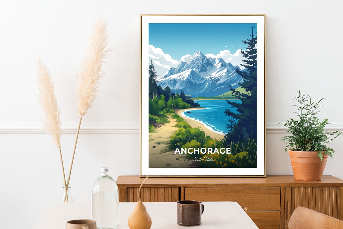 Anchorage Alaska Snowcapped Mountain Beach Vintage Travel Poster - Image 2
