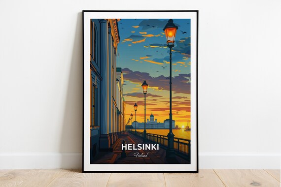 Helsinki Finland Harbor Promenade Sunset Lamps Travel Art Poster