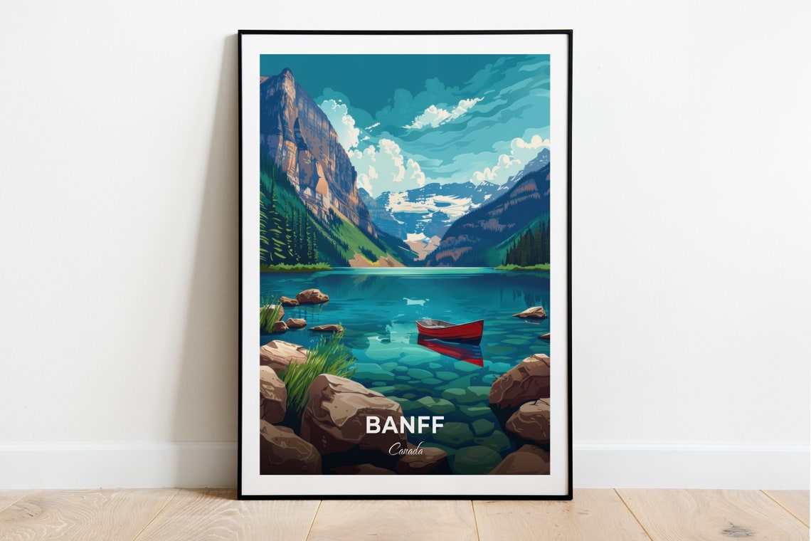 Banff Canada Turquoise Mountain Lake Red Canoe Travel Poster