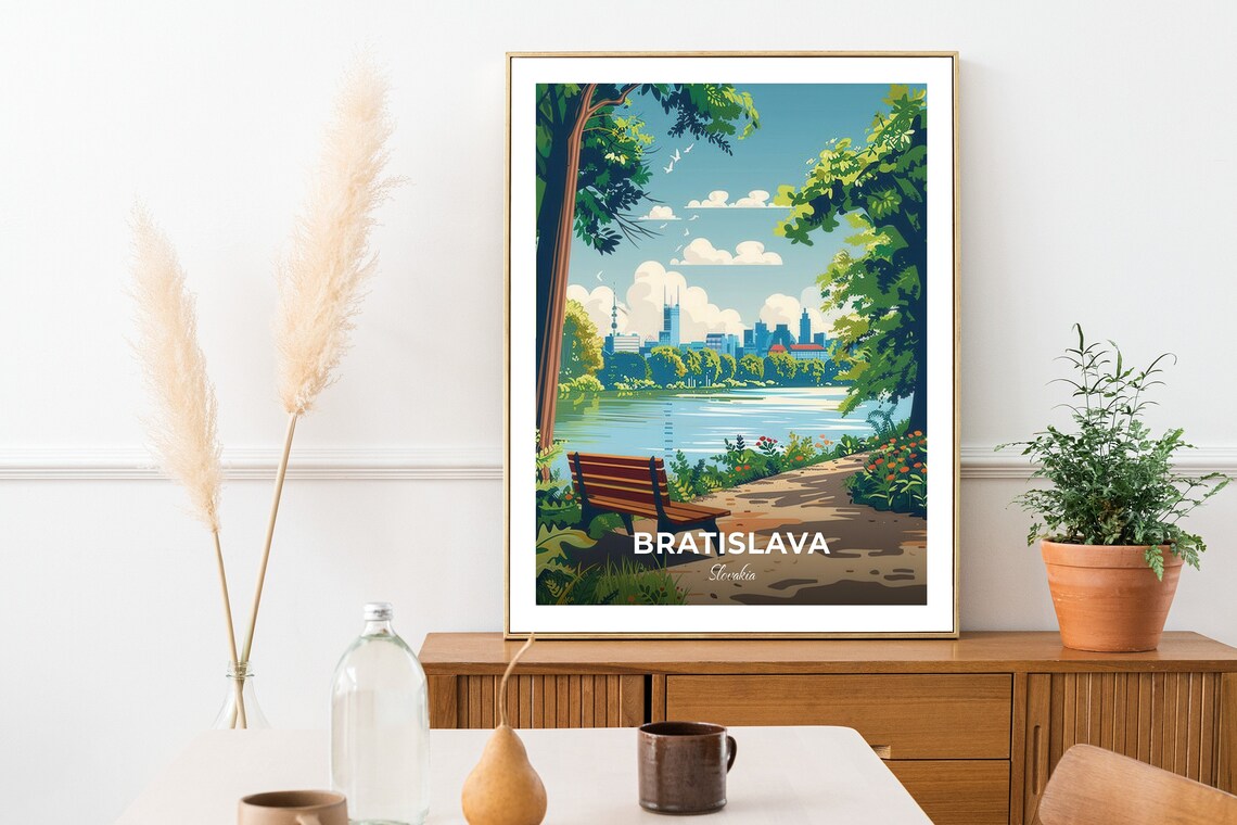 Bratislava Slovakia Forest Park Lake Bench City Skyline Travel Poster - Image 2