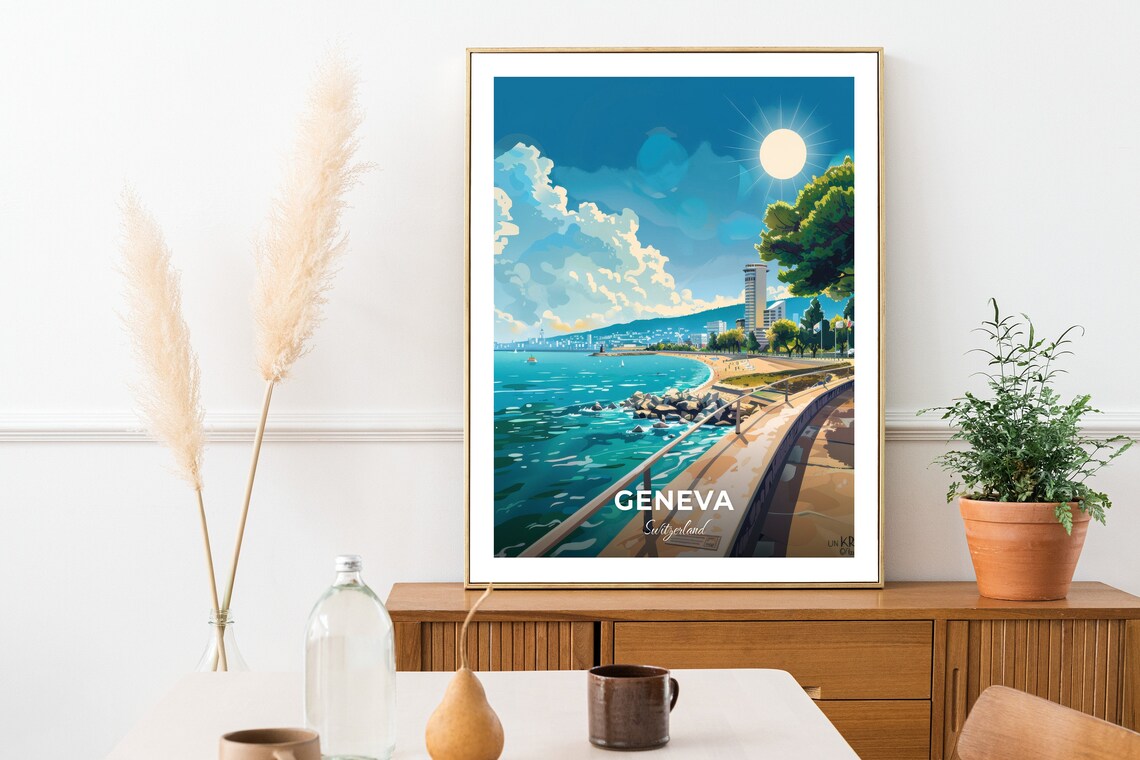Geneva Switzerland Lakeside Promenade Sunny Day Lake Travel Poster - Image 2
