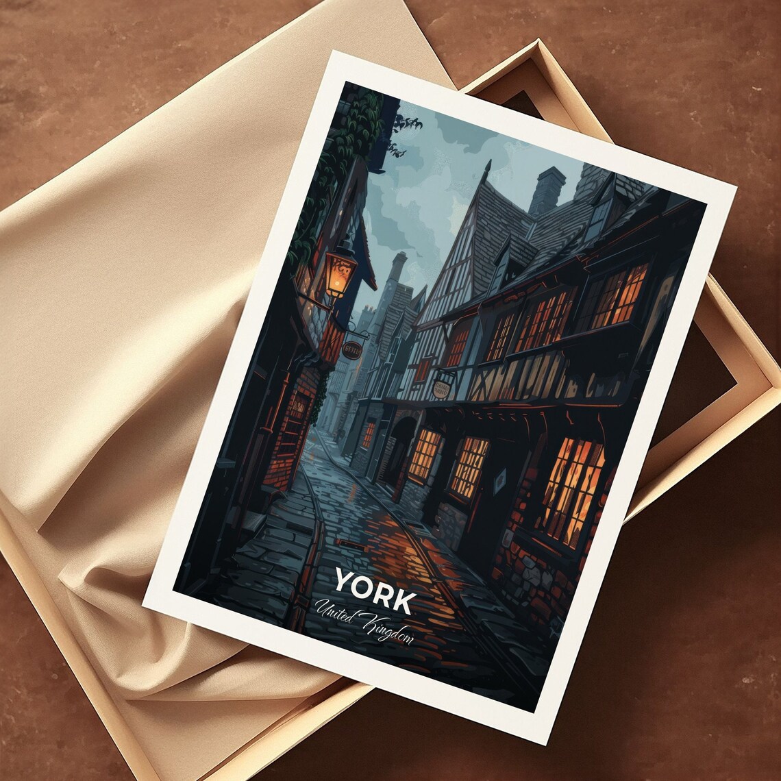 York England Moonlit Medieval Cobbled Street Old Town Travel Poster - Image 3
