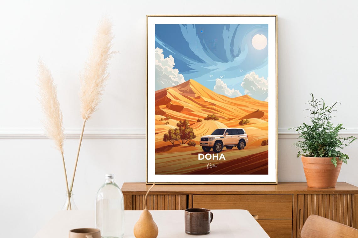 Doha Qatar Desert Dunes White SUV Bright Sun Adventure Travel Poster - Image 3