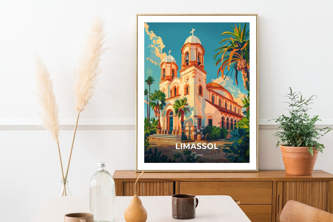 Limassol Cyprus Saint Catherine Church Travel Poster Palm Tree Art - Image 2