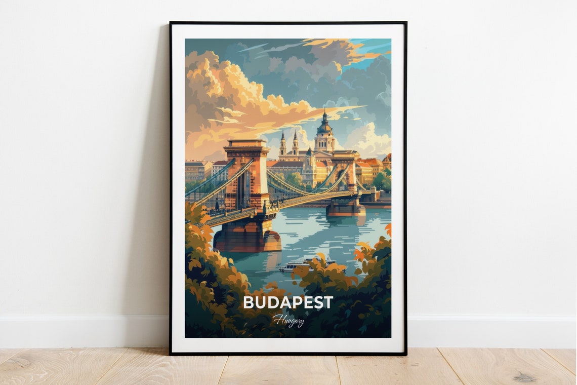 Budapest Chain Bridge Danube Basilica Sunset Cityscape Poster