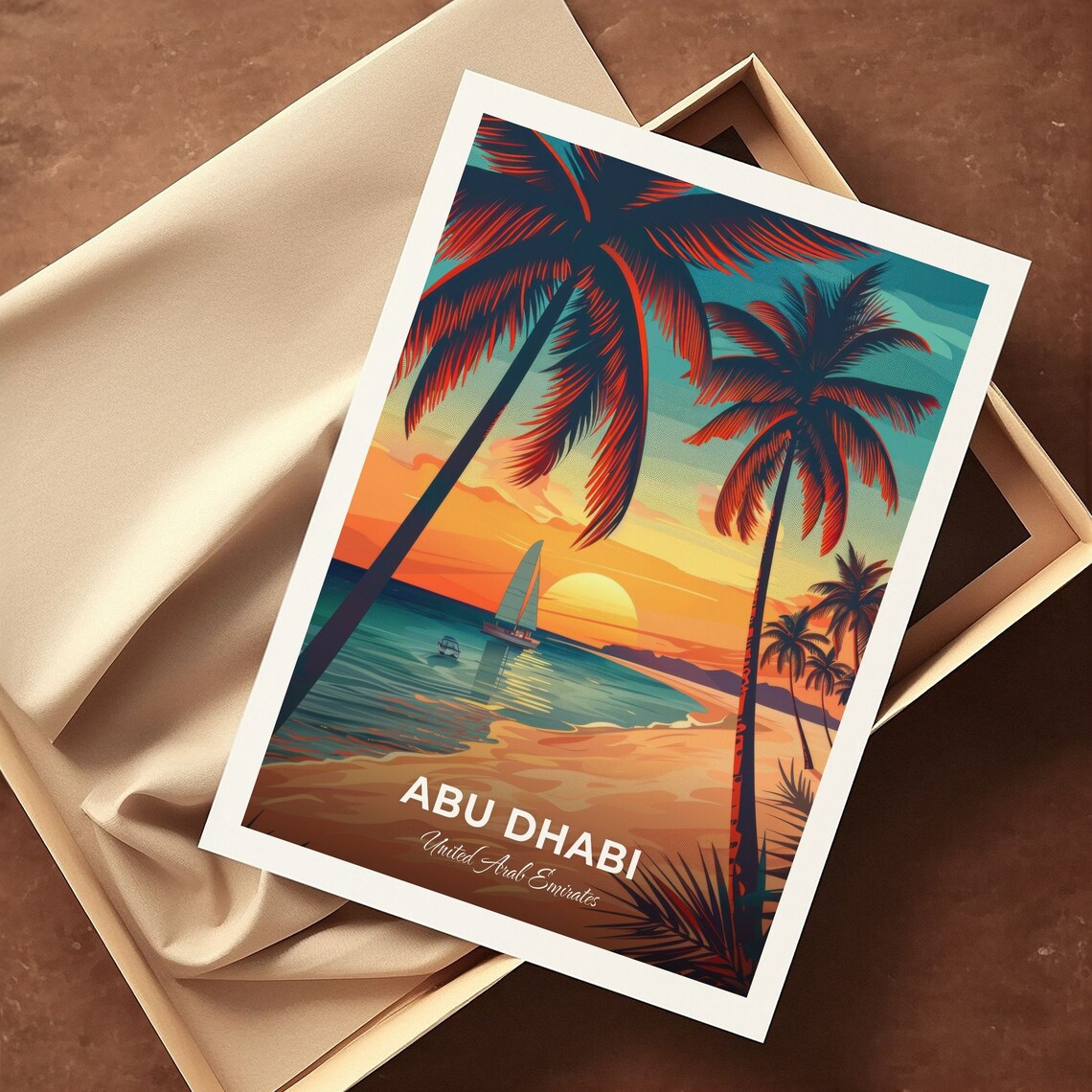 Abu Dhabi UAE Yas Island Sunset Beach Palms Sailboat Scene Travel Poster - Image 3