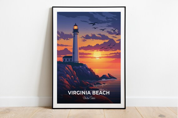Virginia Beach Lighthouse Sunset Rocky Coast Seabirds Travel Poster