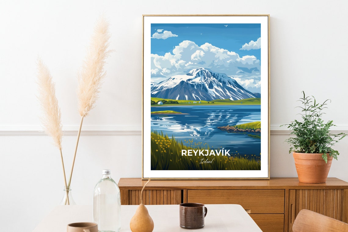 Reykjavik Iceland Snowy Mountain Lake Mirror Reflection Poster - Image 2