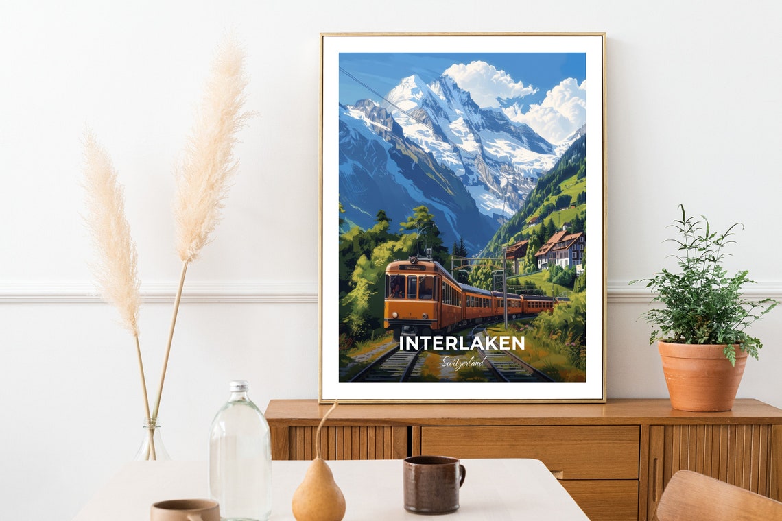 Interlaken Jungfrau Snowy Peaks Orange Train Mountain Journey Poster - Image 2