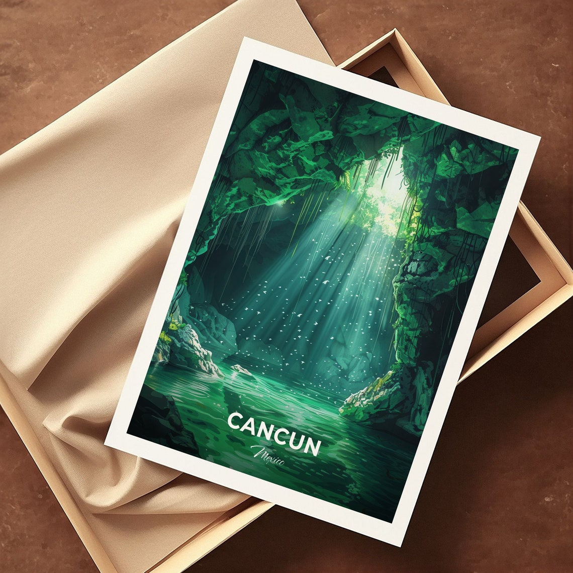 Cancun Mexico Emerald Cenote Sunbeam Underground Water Poster - Image 3