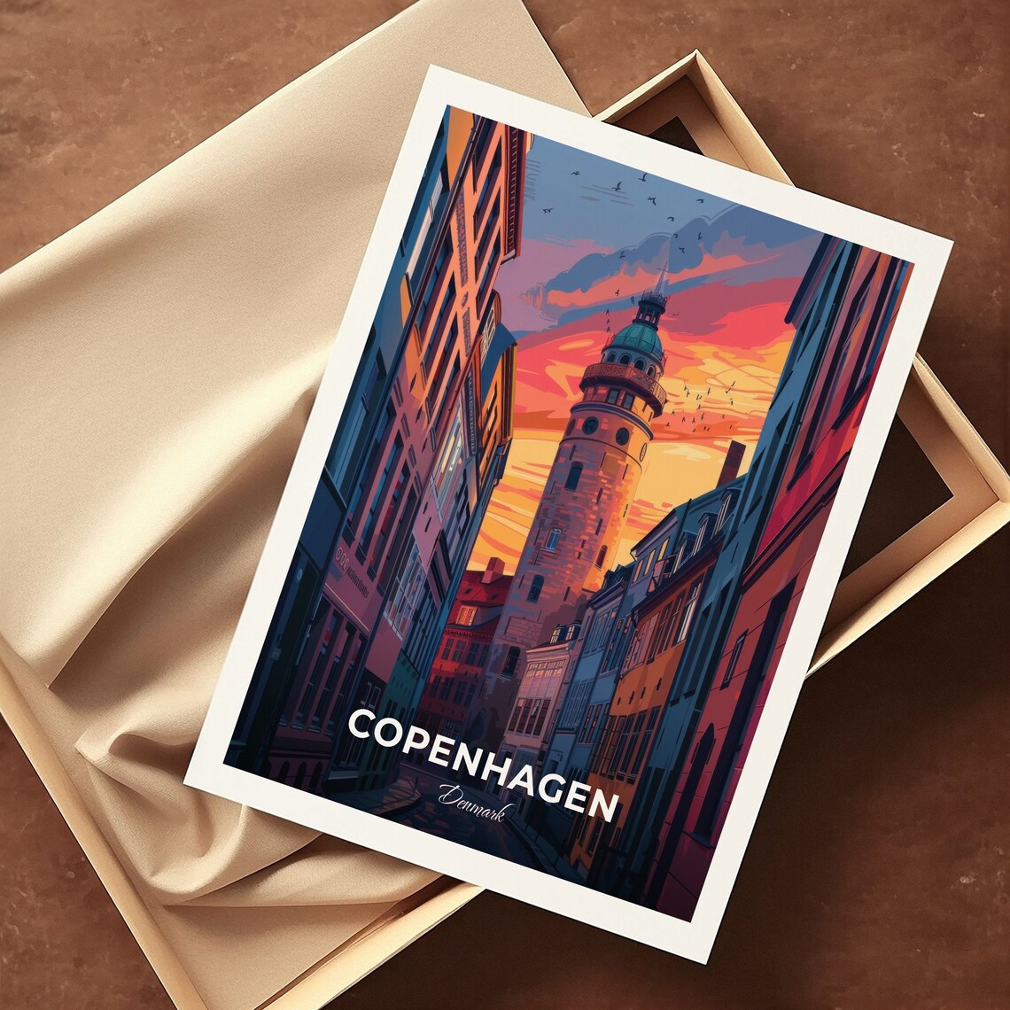 Copenhagen Denmark Historic Round Tower Over Old Town At Sunset Poster - Image 3