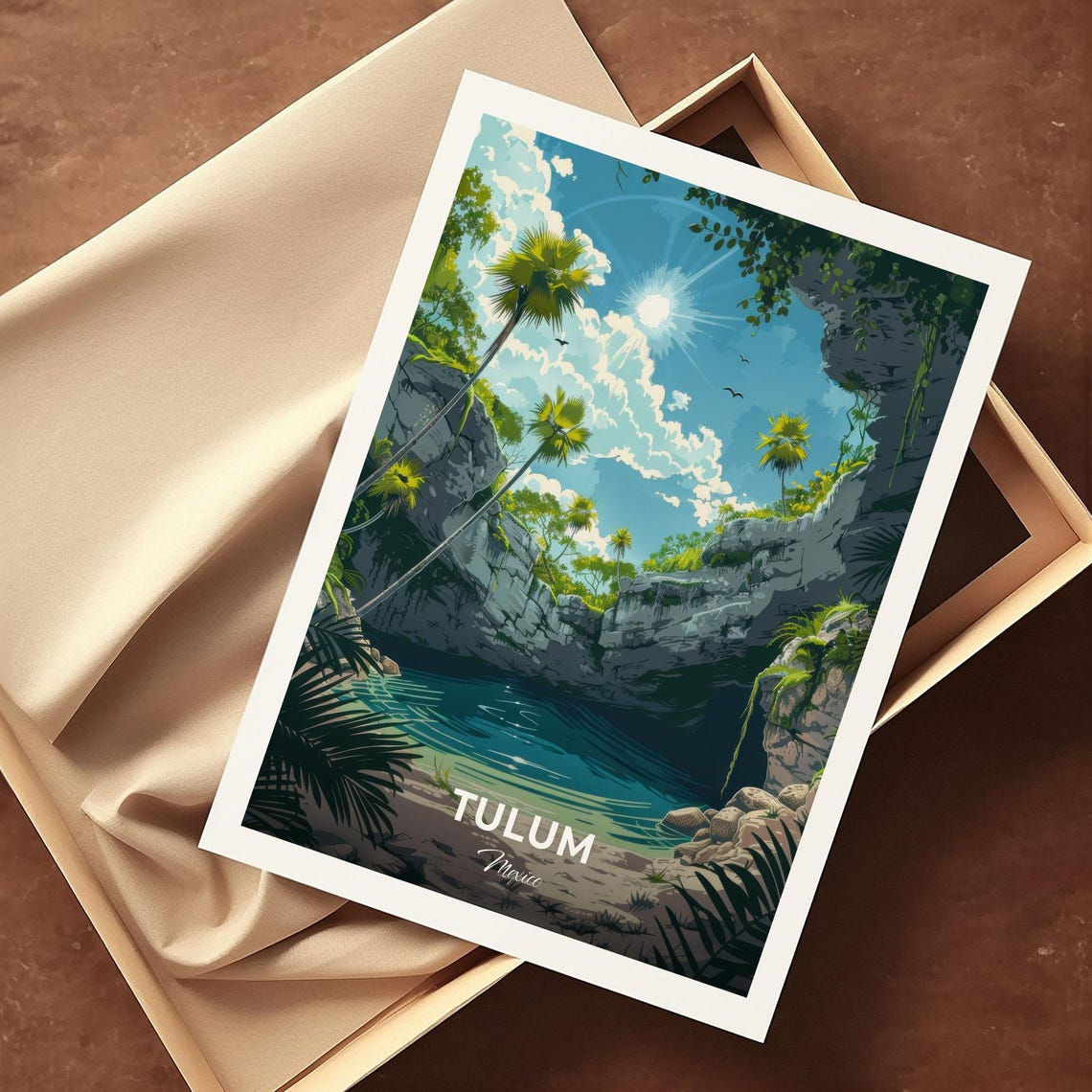 Tulum Mexico Sunlit Cenote Rock Palms Jungle Oasis Travel Poster - Image 4