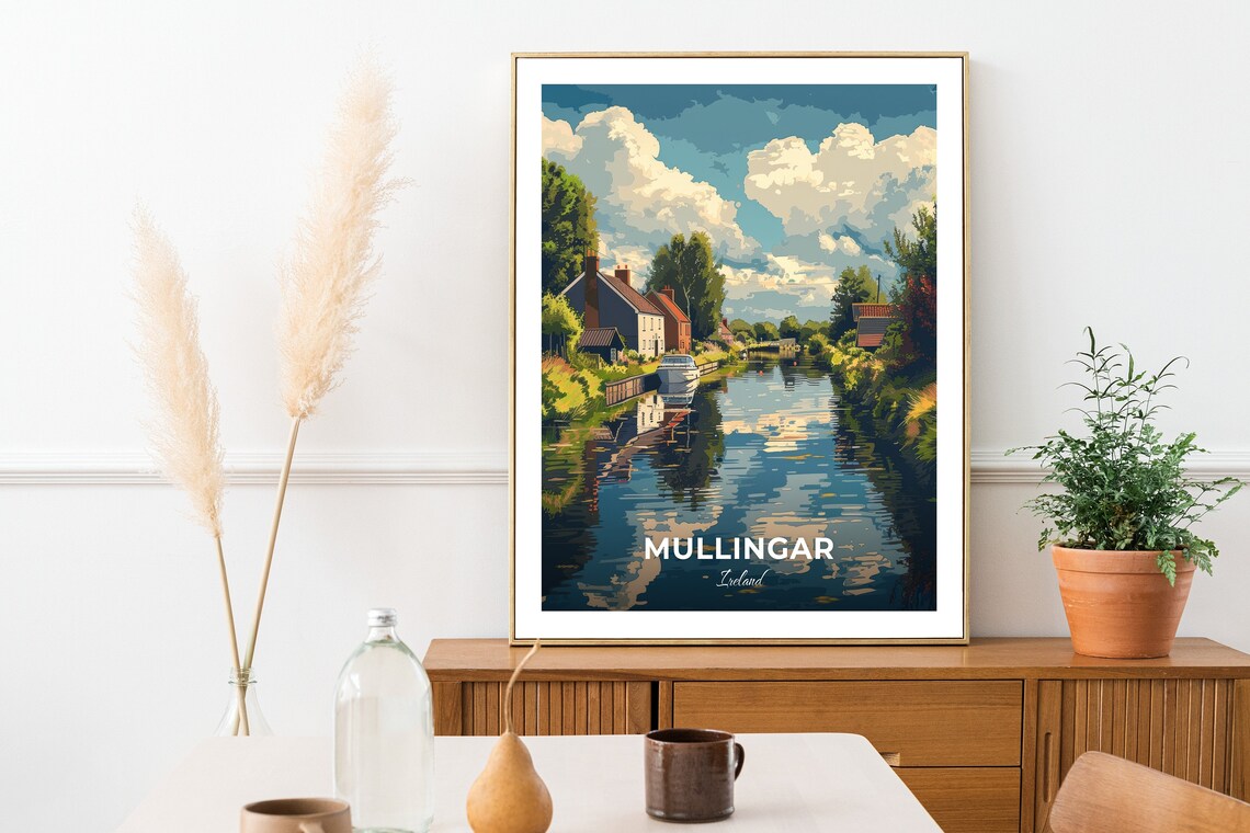 Mullingar Ireland Royal Canal Cottages And Narrowboat Scene Poster - Image 2