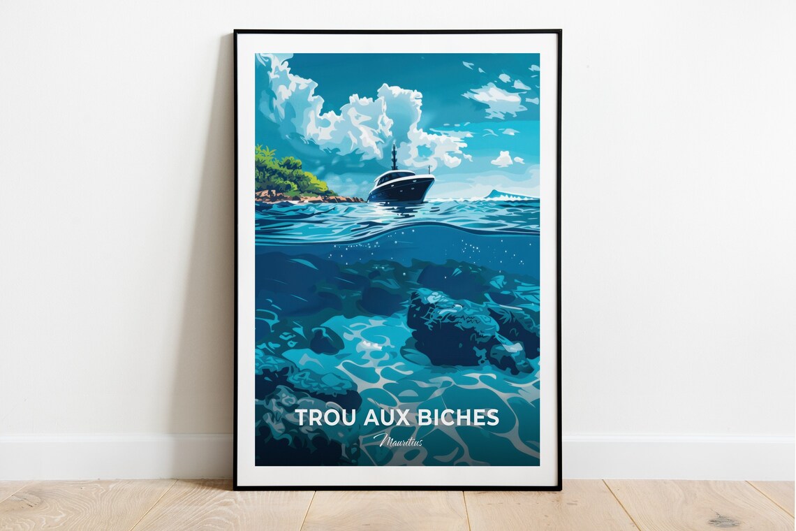 Trou aux Biches Mauritius Ocean Yacht and Coral Reef Travel Poster