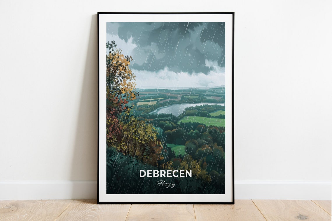 Debrecen Hungary Rainy Valley River Green Fields Moody Shower Poster