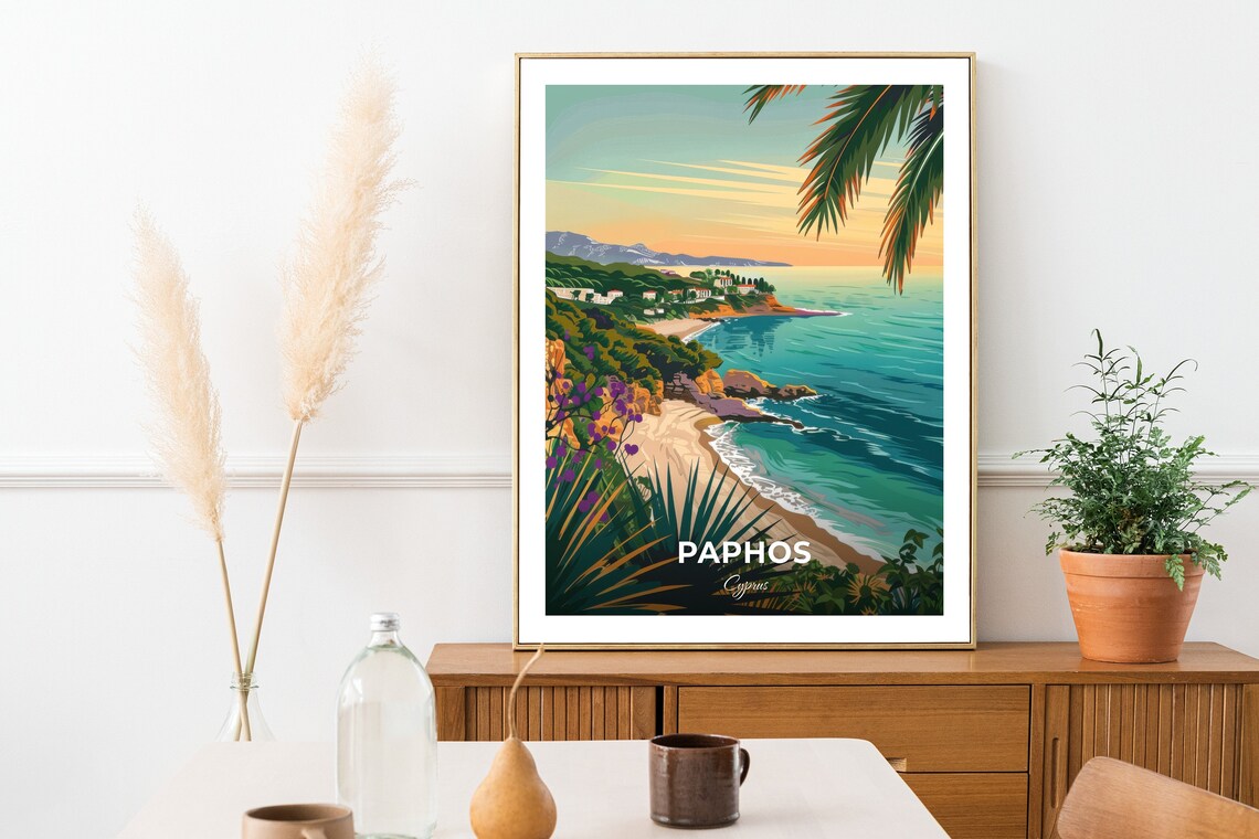 Paphos Cyprus Sunset Beach Cove Palm Fronds Travel Art Poster - Image 2